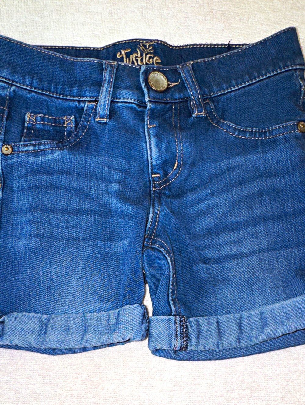 Justice Girls Size 7R Blue Medium Wash Denim Shorts Cuffed Pockets Cotton Blend